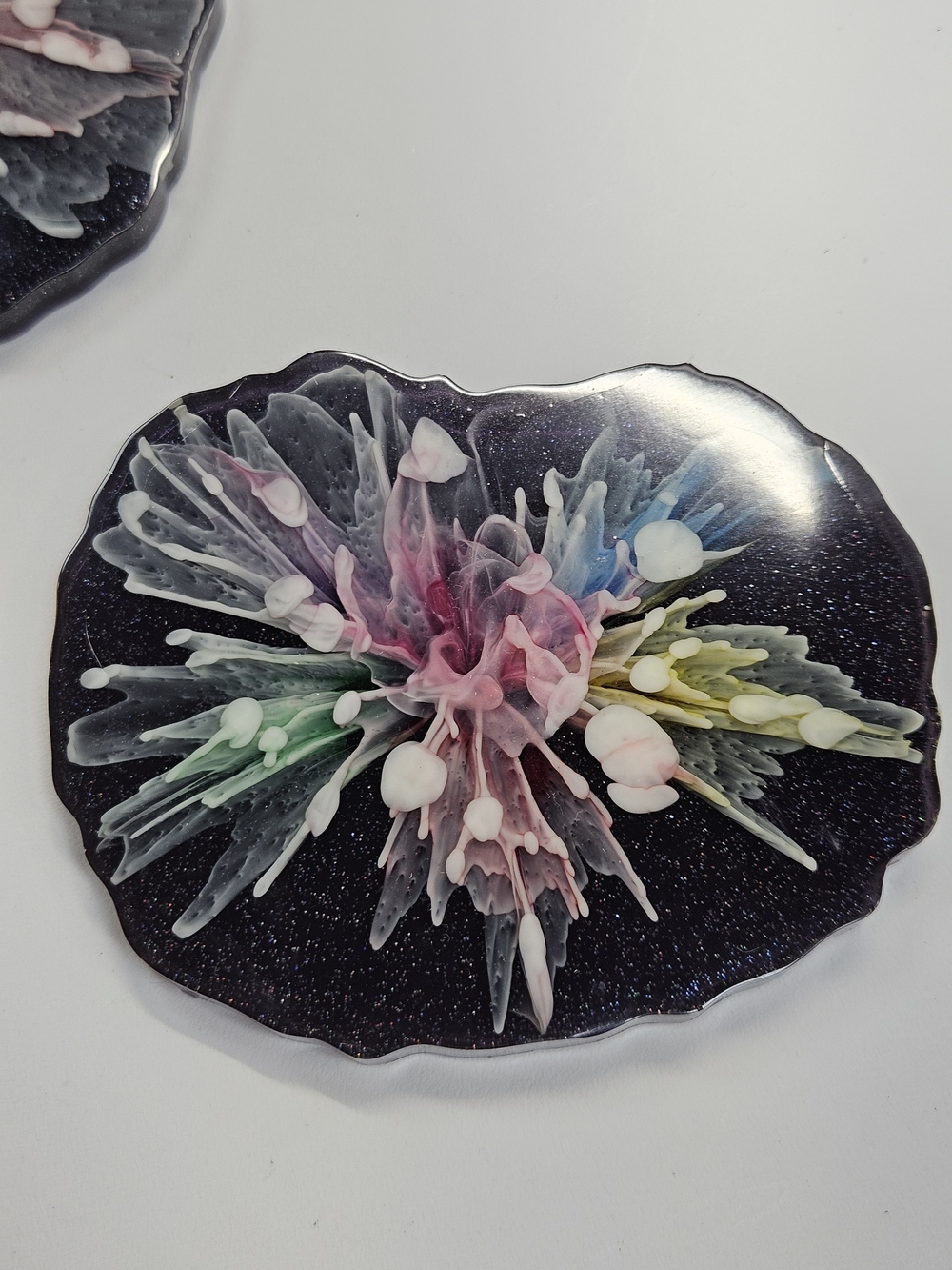 3D Flower Resin Coaster Purple Green Black Shimmer Bloom Art Handcrafted 4"
